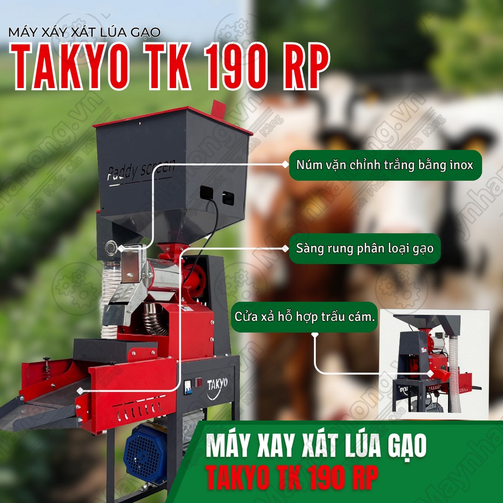 Cửa xả gạo và hỗn hợp trấu cám của máy xay xát lúa gạo TAKYO TK 190 RP