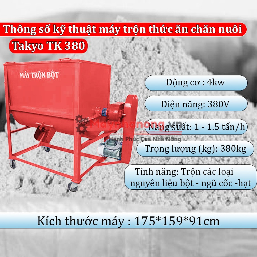 Thông số kỹ thuật máy trộn thức ăn chăn nuôi Takyo TK 380 – 4 – 3p