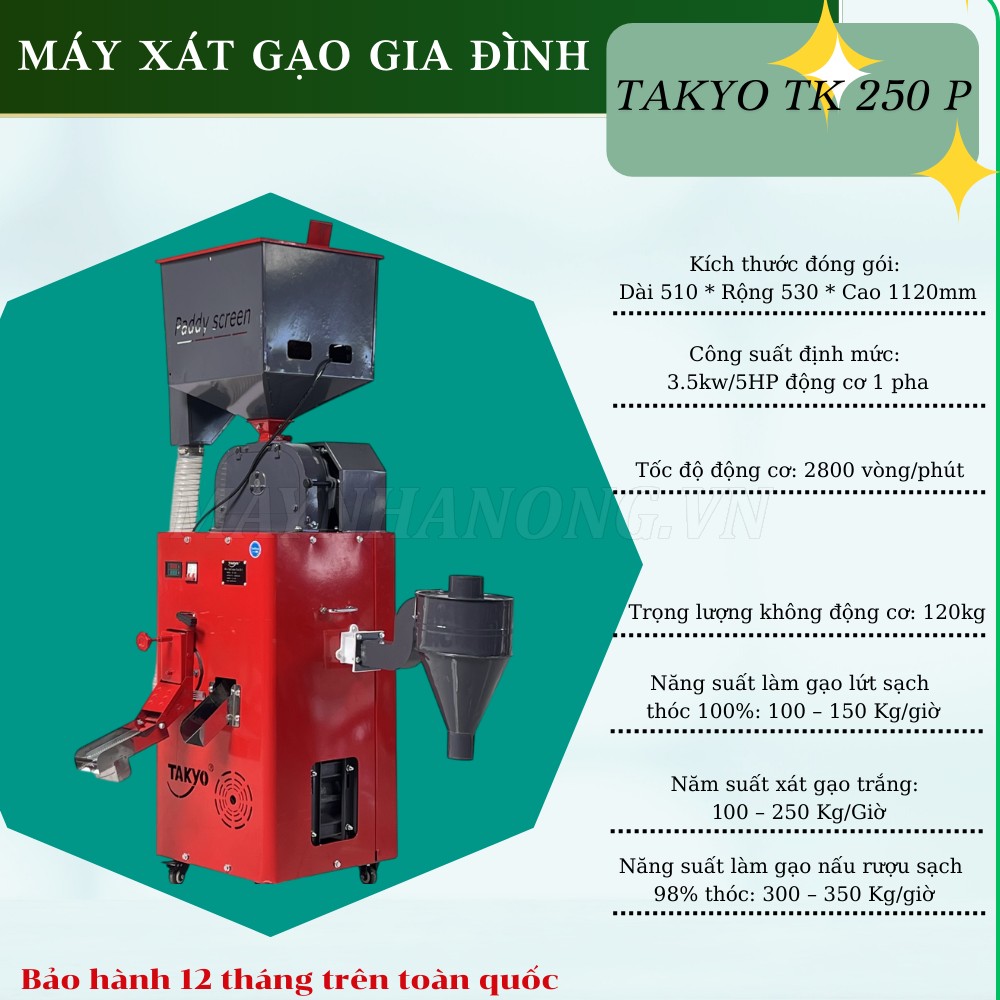 Thông số của máy xát lúa gạo Takyo TK 250 P